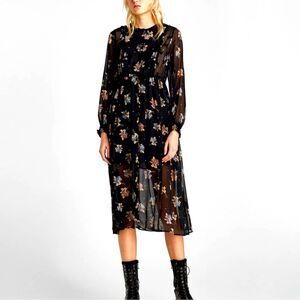 ZARA Black Sheer Velour Embroidered Midi Dress Size M